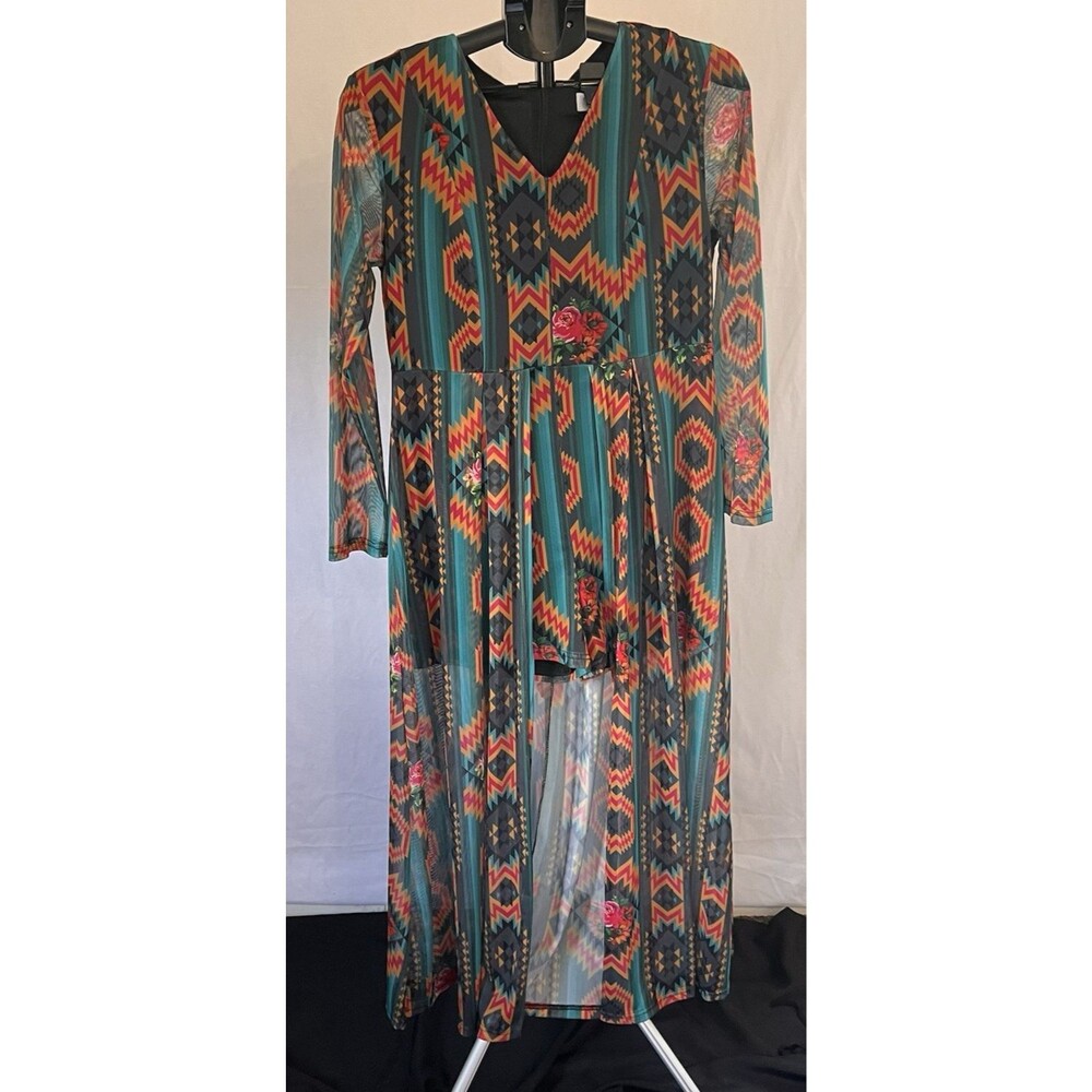 Crazy Train Aztec Print Maxi Dress Romper Skort Long Sleeve Sheer Overlay Small